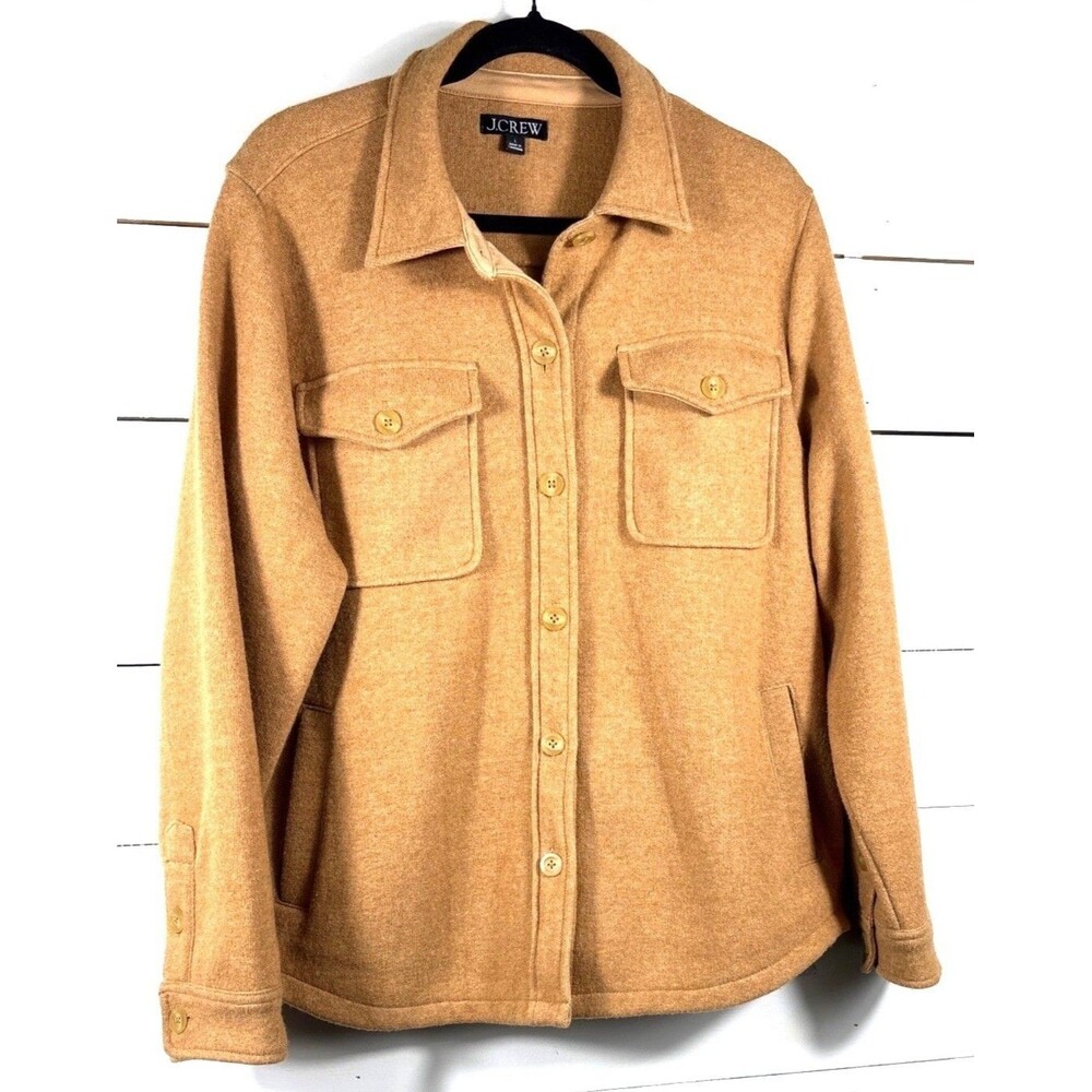 J.Crew Womens Wool-Blend Tan Shacket Jacket L Long Sleeve Button-Down With Pocke